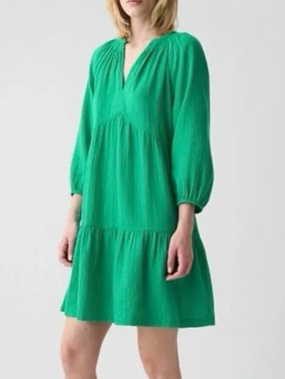 GAP Tiered Cotton Gauze Dress 3/4 Sleeves V-Neck Neck XS Petite